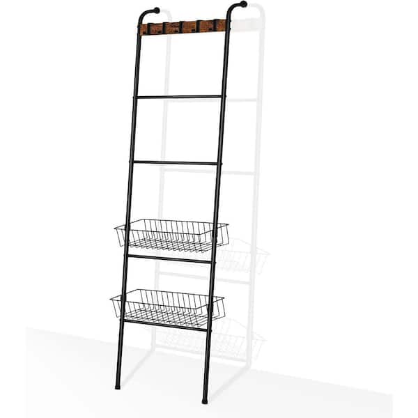 Oumilen Blanket Ladder Black Farmhouse Leaning Towel Ladder Holder with 2 Metal Baskets, 5 Hooks