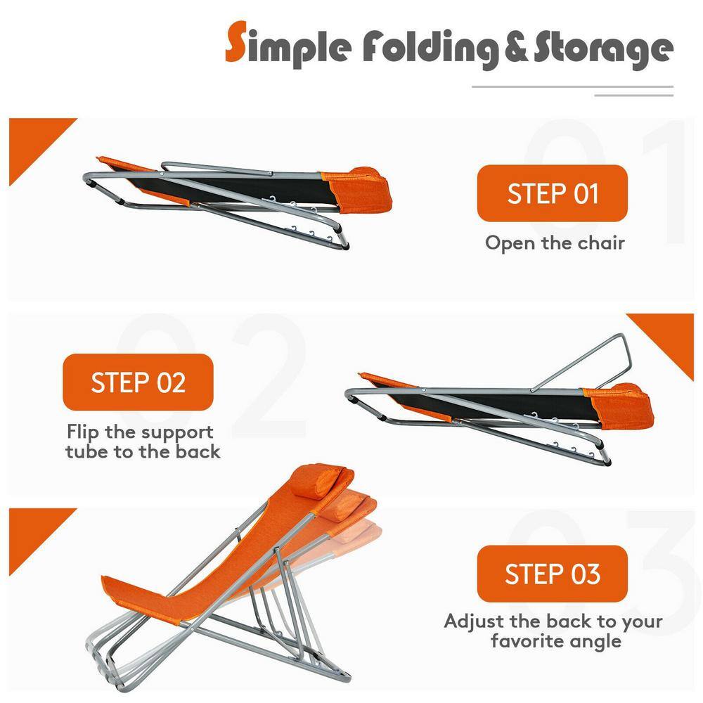 Orange Folding Beach Lounger Set with Adjustable Backrest