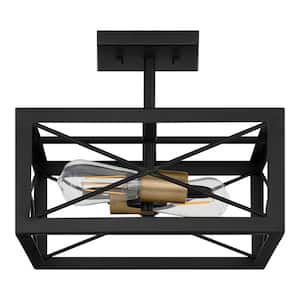 Harwood 12.5 in. 2-Light Matte Black and Old Satin Brass Semi-Flush Mount Ceiling Light with Cage Shade