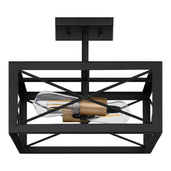 Home Decorators Collection Harwood 12.5 in. 2-Light Matte Black and Old Satin Brass Semi-Flush Mount Ceiling Light with Cage Shade