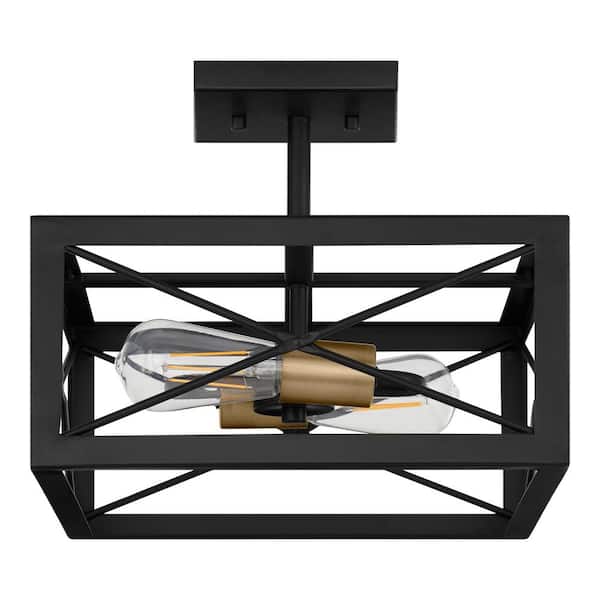 Harwood 12.5 in. 2-Light Matte Black and Old Satin Brass Semi-Flush Mount Ceiling Light with Cage Shade