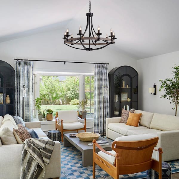 35 in. 10-Light Black Farmhouse Candle Style Dimmable Wagon Wheel Chandelier for Dining Room and Living Room