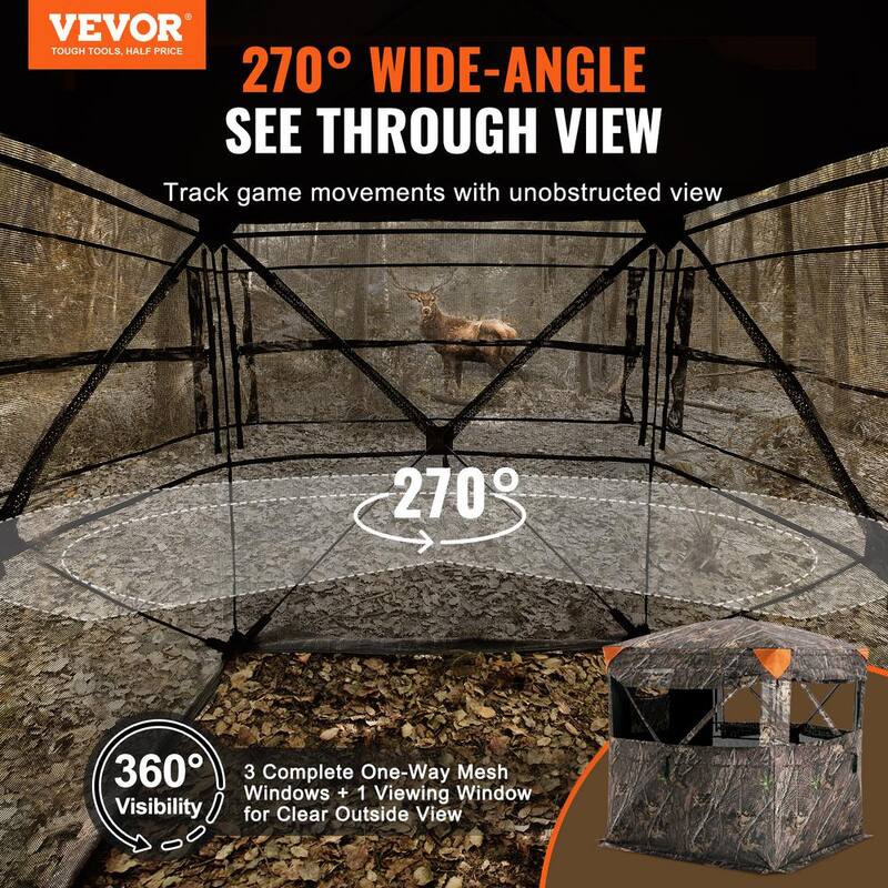 Hunting Blind, 270-Degree See Through Ground Blind, 2-3 Person Pop Up Deer Blind for Hunting with Carrying Bag, Portable