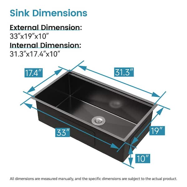 JUJABU 33 in. Undermount Single Bowl 20-Gauge Black Stainless