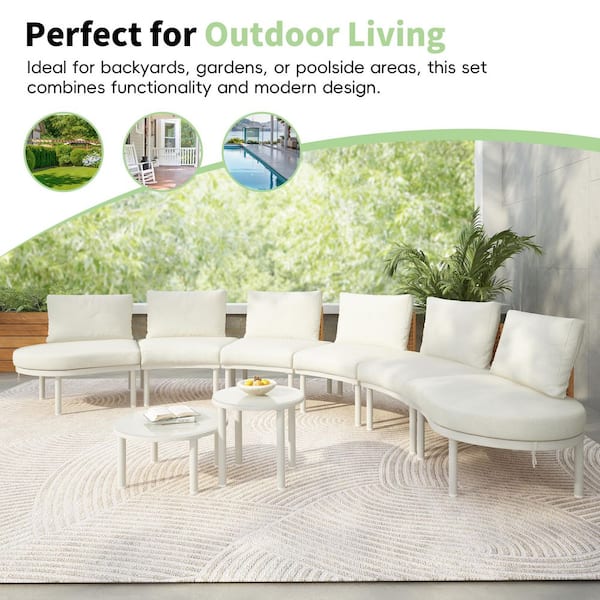 Metal Outdoor Sectional Set with Beige Cushions Half Moon Outdoor ...
