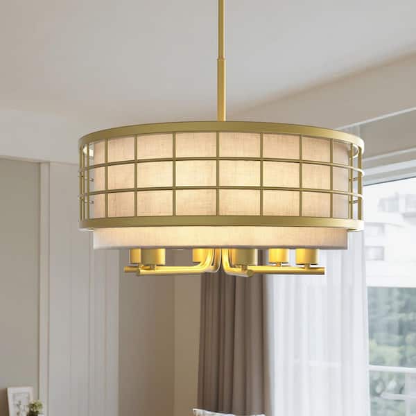 Emeritpro 6-Light Champagne Gold Drum Chandelier with Linen Shades