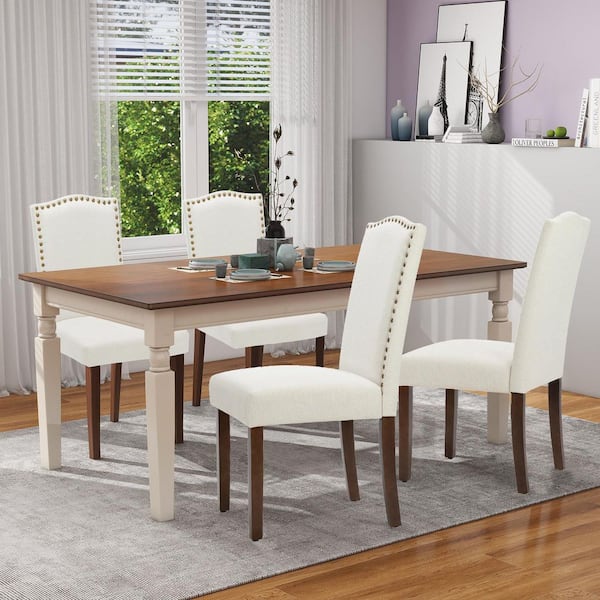 WONDER COMFORT White Fabric Upholstered Dining Chairs Set of 4 with Nailhead Trim and Wood Legs for Living Room, Kitchen