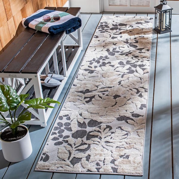 Cabana Ivory/Charcoal 2 ft. x 5 ft. Floral Striped Indoor/Outdoor Runner Rug