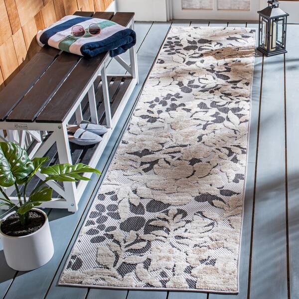 Cabana Ivory/Charcoal 2 ft. x 7 ft. Floral Striped Indoor/Outdoor Patio  Runner Rug