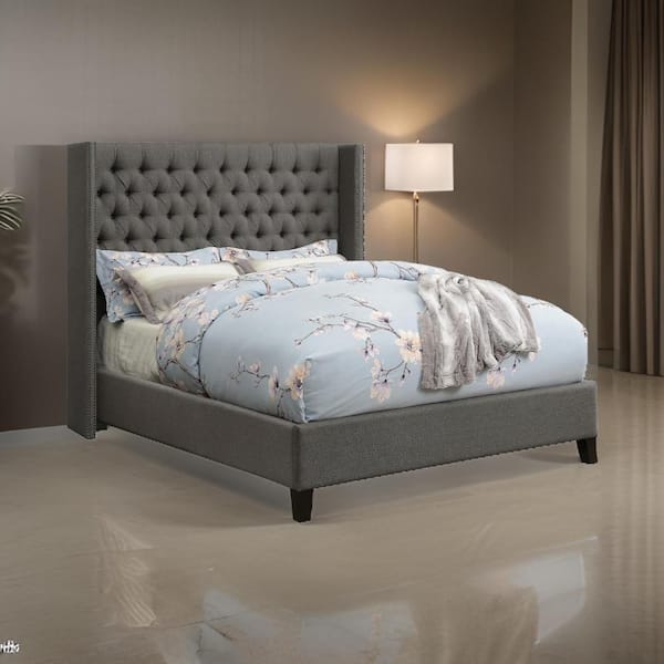 Benjara Diya Gray Wood Frame Queen Size Platform Bed with Button Tufted Upholstery
