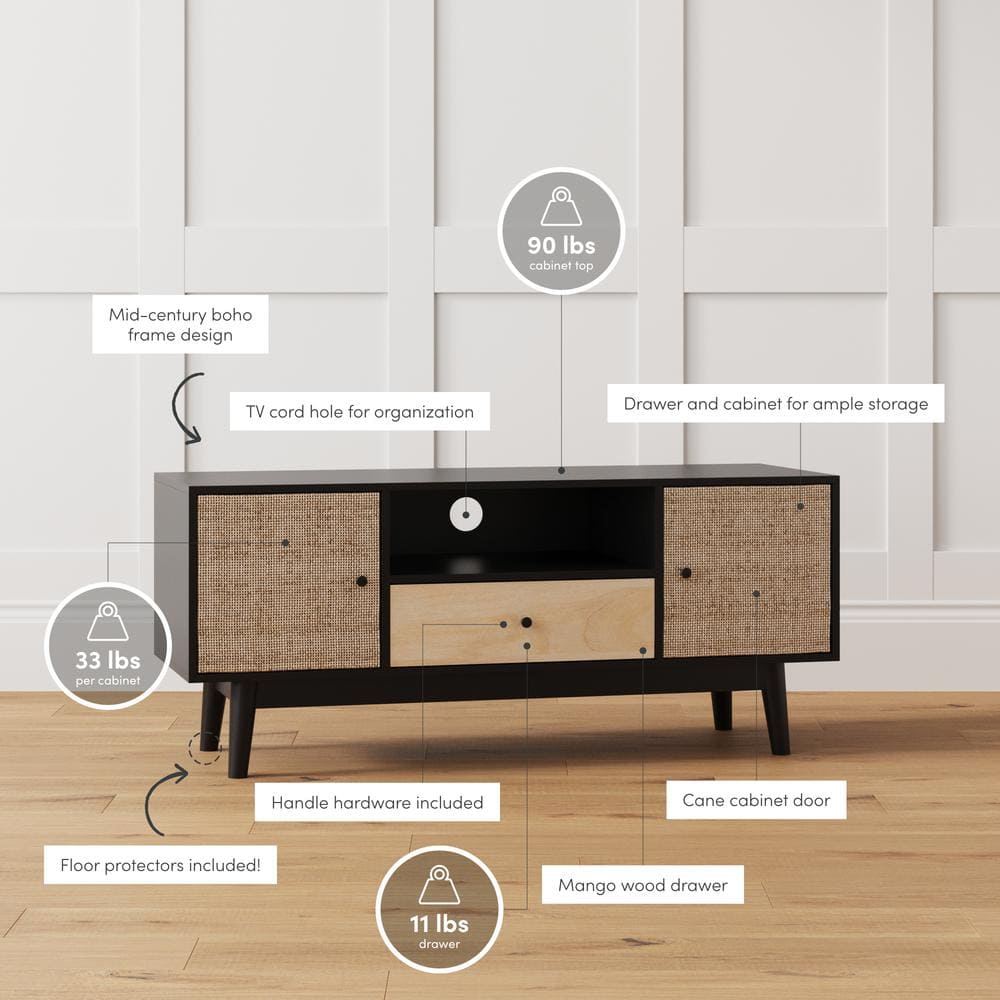 48'' Matte Black Bohemian Media Console with Rattan Accents