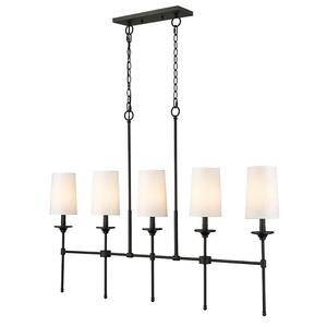 Emily 5-Light Matte Black Island Billiard Light with Off White Cloth Cover Shade