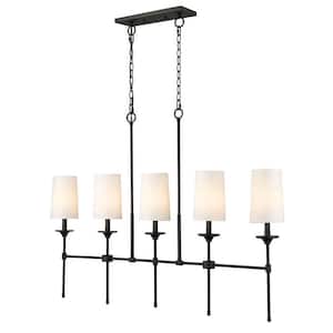 Emily 5.5 in. 5-Light Matte Black Island Billiard Light with Off White Cloth Cover Shade