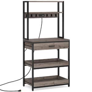 Bachel Gray Baker's Rack with Power and USB Outlets, 5-Tier Microwave Oven Stand with Drawer and Sliding Shelves