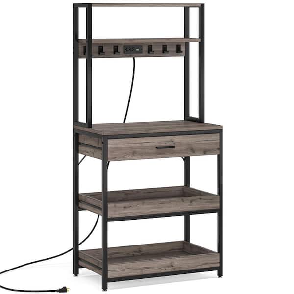 TRIBESIGNS WAY TO ORIGIN Bachel Gray Baker's Rack with Power and USB Outlets, 5-Tier Microwave Oven Stand with Drawer and Sliding Shelves