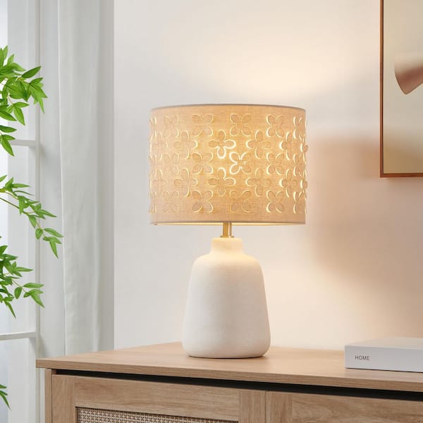 17.25 in. Modern Off White Ceramic Table Lamp with Beige Linen Shade for Living Room and Bedside