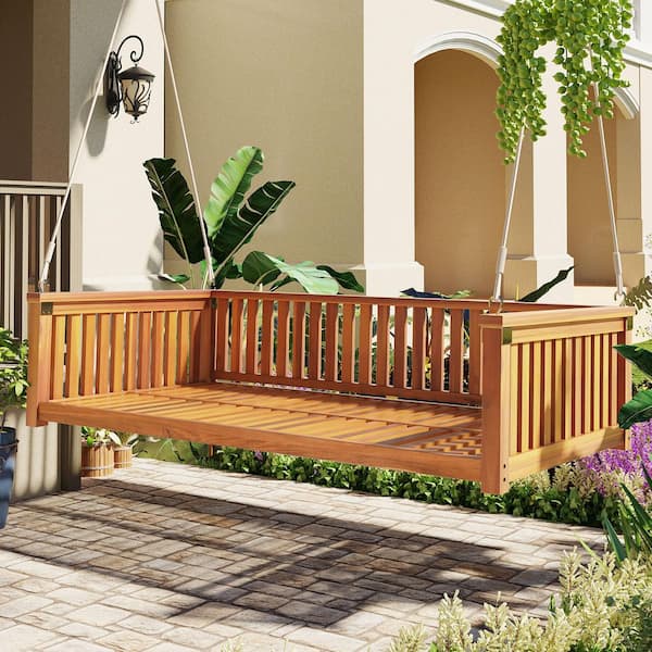 Twin Size Swing Bed 2-Person Frame Teak Color Acacia Wood Porch Swing with Ropes and Safe Sloped Design