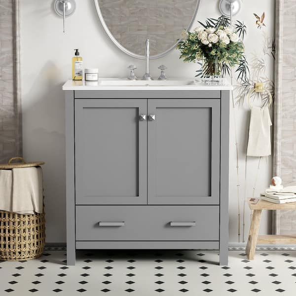 30 in. W Single Sink Freestanding Bath Vanity in Gray with White Ceramic Top