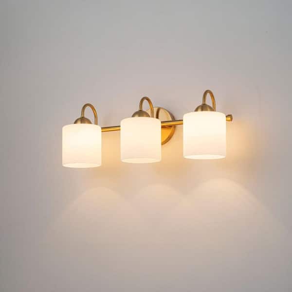 Lucie 21 in. 3-Light Brass Cylinder Vanity Light with Milky White Frosted Glass Shades for Bathroom, Bedroom, Hallway