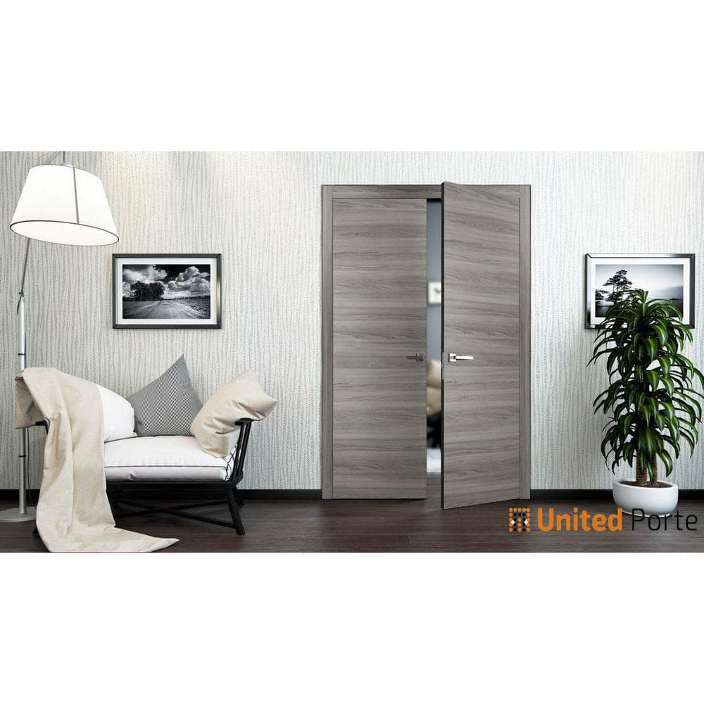 Modern Matte Grey Solid Wood French Double Doors, 80 x 64 Inch