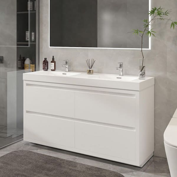Annecy 48 in. W x 18.5 in. D x 32 in. H Bathroom Vanity in White with Double Basin Top in White Resin