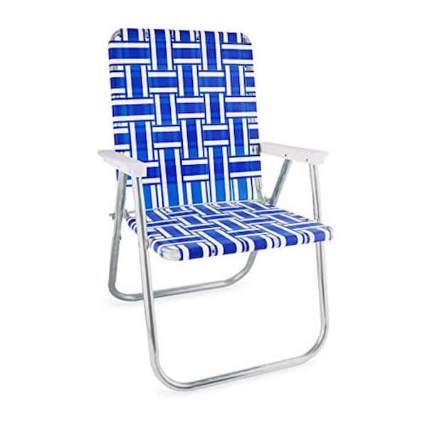 Unbranded Durable Blue and White Aluminum Lightweight Stackable Folding Lawn Chair with White Arms
