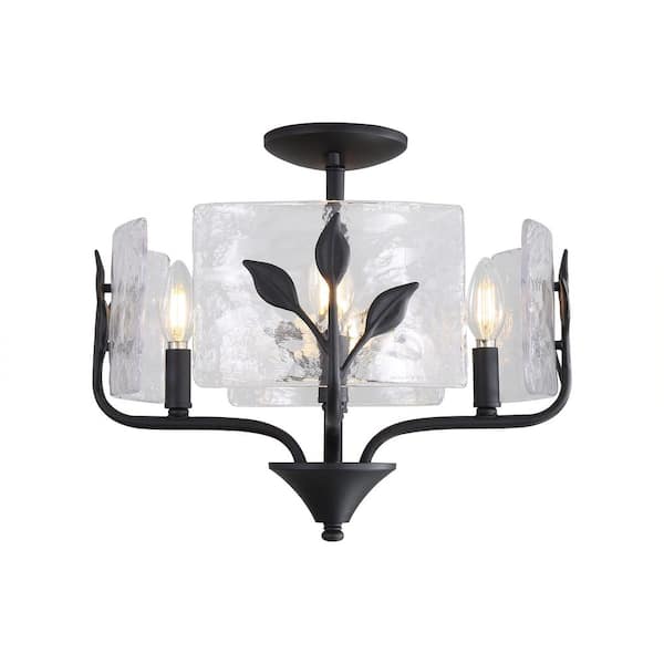 Bloem 16 in. 4 Light Natural Black Modern Semi-Flush Mount with Hammered Water Glass Shade and No Bulbs Included