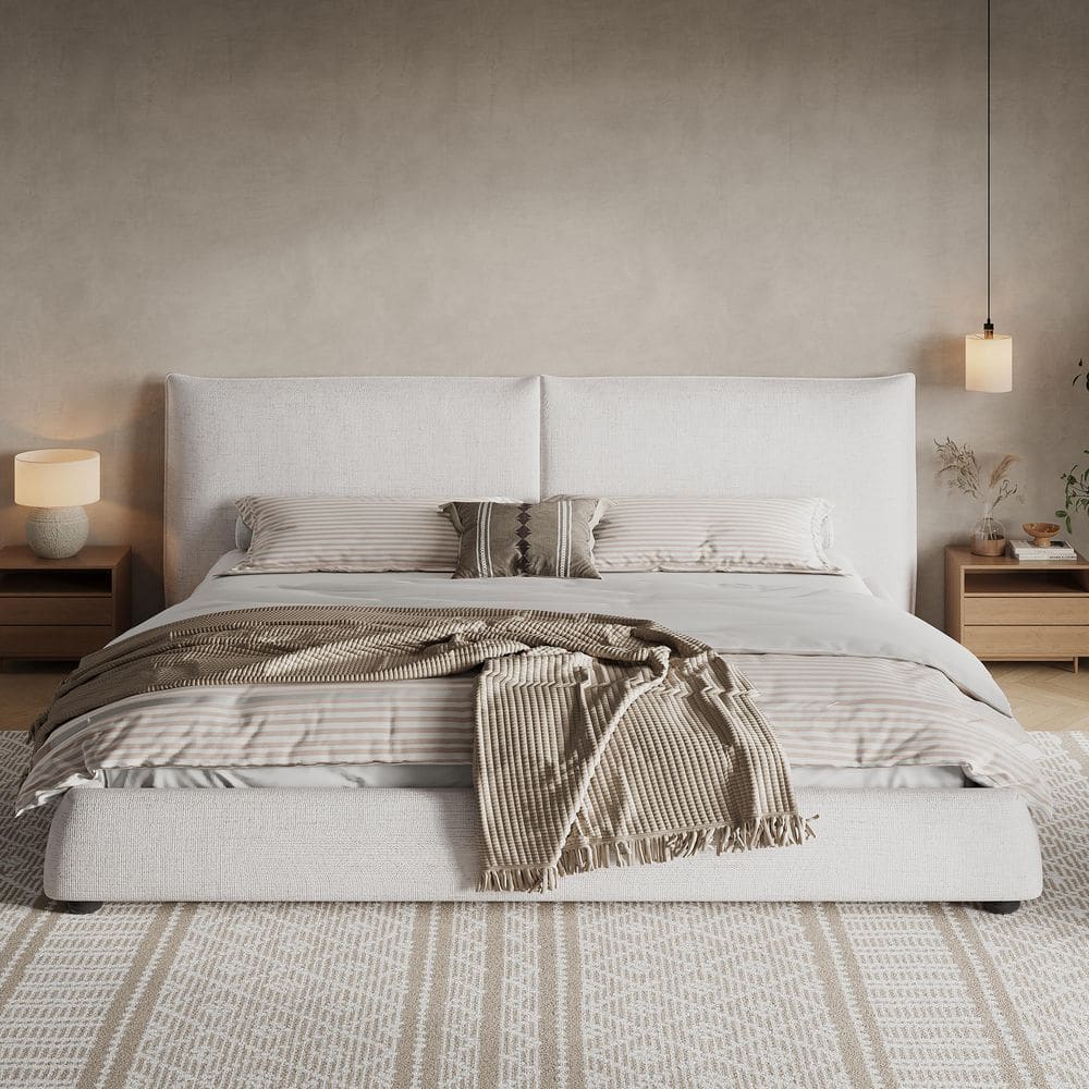 Bramora Modern Beige Wood Frame King Size Platform Bed with Linen Upholstered Thick Headboard price history on PriceWatchPro