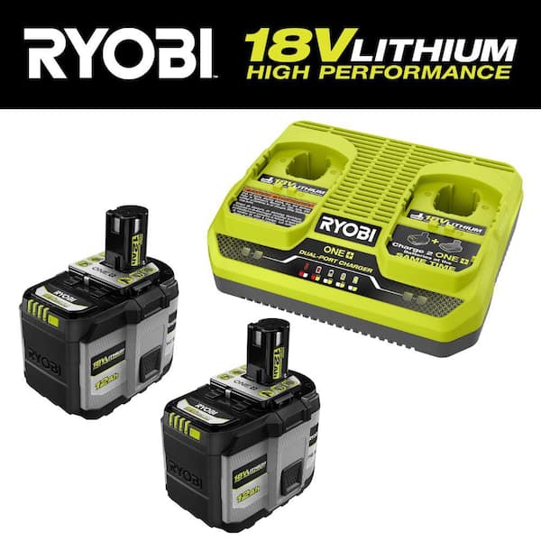 RYOBI ONE+ 18V Dual-Port Simultaneous Charger with ONE+ 18V 12.0 Ah Lithium-Ion HIGH PERFORMANCE Battery (2-Pack)