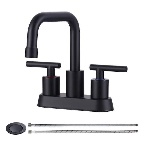 WOWOW 4 in. Centerset Double Handle 360° Rotation Spout Bathroom Faucet with Drain Kit Included in Matte Black