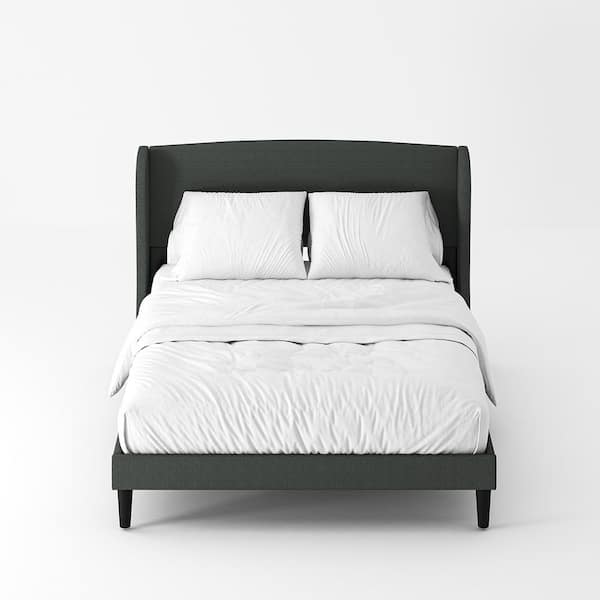 JAYDEN CREATION Eckhard Charcoal Upholstered Wood Frame Wingback Queen Platform Bed with Tapered Legs