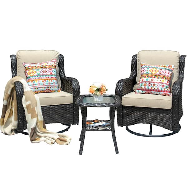 Joyoung Brown 3-Piece Wicker Swivel Outdoor Patio Conversation Seating Set with Beige Cushions