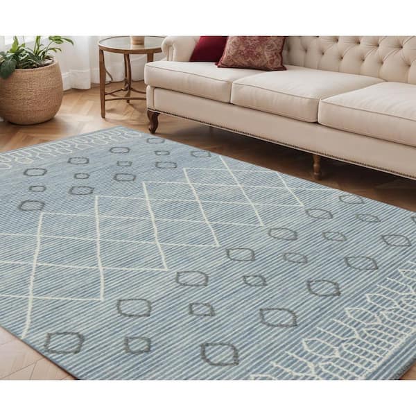5 ft. x 8 ft. Blue Gray And Ivory Wool Geometric Hand Hooked Area Rug