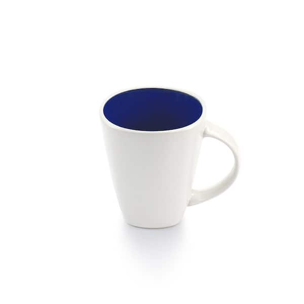 Kitchen Basics Stoneware Flat Bottom Cups, 2 Coffee Mugs off White Base  With Cobalt Blue Band Decor Tableware 