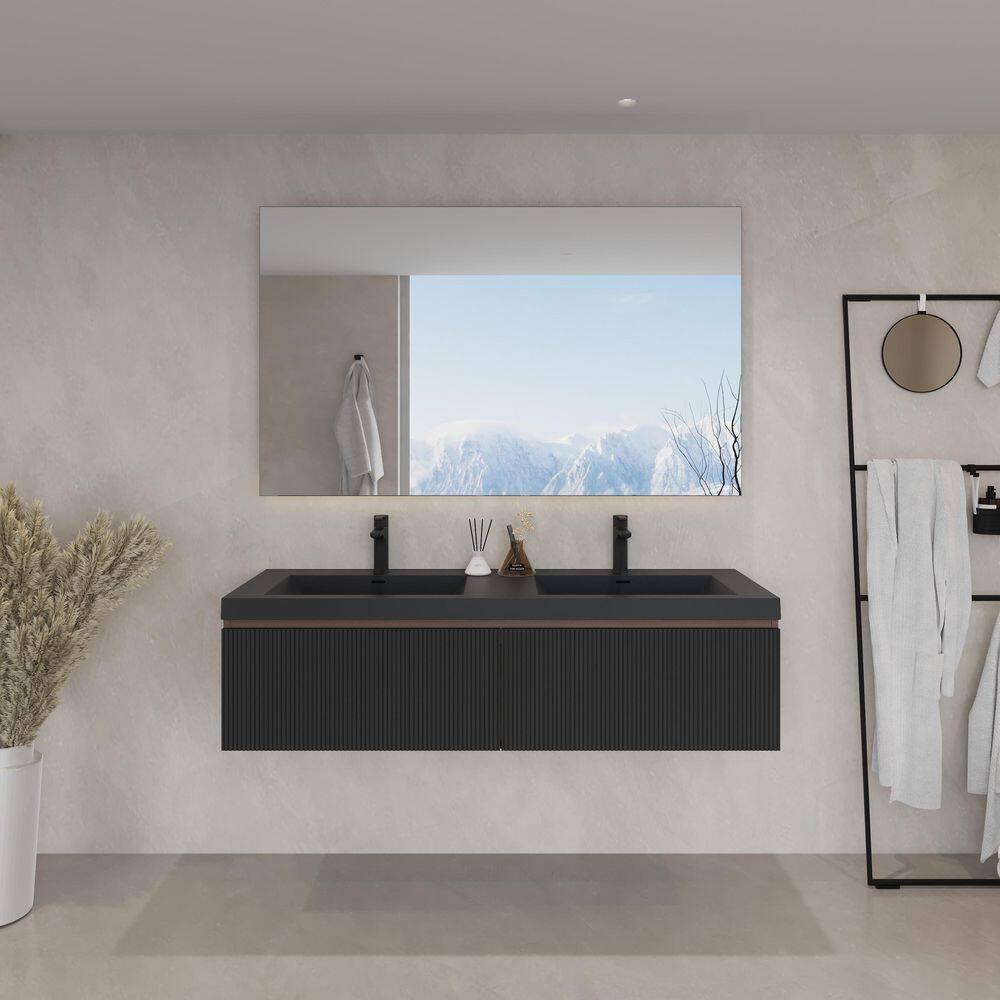 60 in. Wall-Mounted Bath Vanity Floating Bathroom Storage Cabinet in Smoked Walnut with Black Quartz Sand Top price history on PriceWatchPro