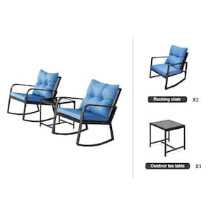 3-Piece Black Metal Iron Powder-Coated Steel Patio Outdoor Bistro Set with Blue Cushion, Rocking Chair for Yard, Garden