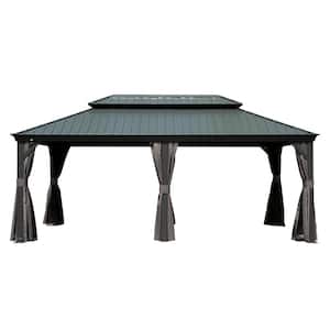 14 ft. x 20 ft. Gray Outdoor Aluminum Hardtop Gazebo with Galvanized Steel Double Roof, Curtain and Netting
