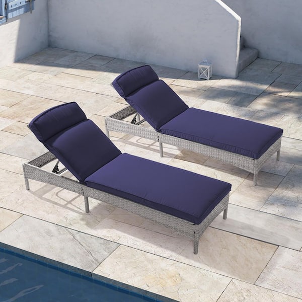 2-Piece Patio Lounge Sofa Grey PE Wicker Adjustable Angles Suitable for Backyard, Patio and Porch with Navy Blue Cushion