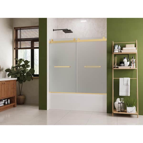 58-60 in. W x 62 in. H Double Sliding Frameless Bathtub Door with 3/8 in. (10 mm) Frosted Glass in Brushed Gold