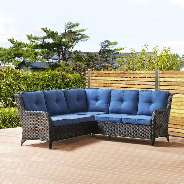 Gymojoy Carolina Wicker Outdoor Sectional with Blue Cushions