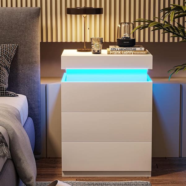 Boyel Living Modern White Nightstand With 3 Storage Drawers and Multi-Color LED Night