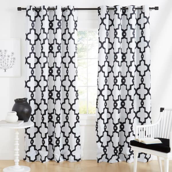 EXCLUSIVE HOME Ironwork White Ogee Polyester 52 in. W x 96 in. L Grommet Top Room Darkening Curtain Panel (Double Panel)