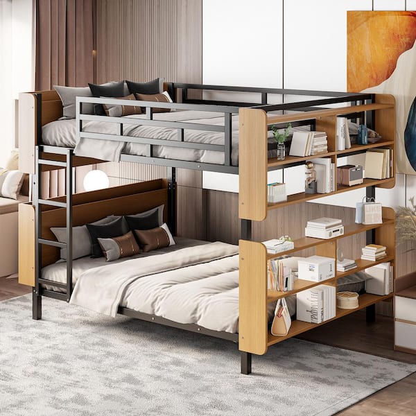 Harper & Bright Designs Black Full Over Full Size Metal Bunk Bed with 2-Storage Headboard, Two 4-Grid Shelves and Full-Length Guardrail