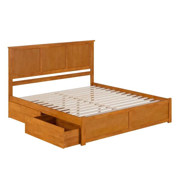 Madison Light Toffee Natural Bronze Solid Wood Frame King Platform Bed with Footboard and Storage Drawers