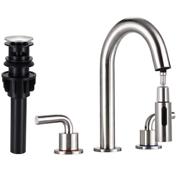 AKLFGN 8 in. Widespread Double Handle Bathroom Faucet 3 Hole Pull Down Sink Faucet with Pop-Up Drain in Brushed Nickel