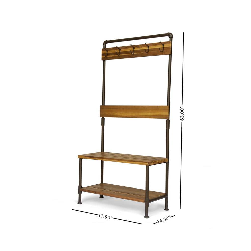 Teak and Rustic Metal Outdoor Bench with Shelf and Hooks