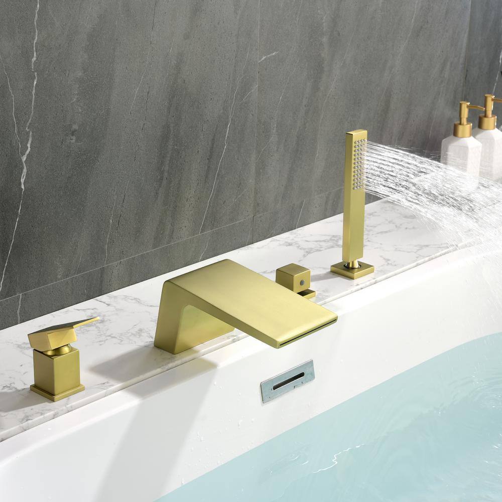 Brushed Gold Single-Handle Waterfall Tub Faucet with Hand Shower