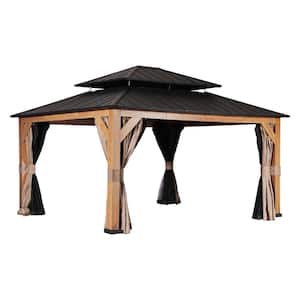 13 ft. x 15 ft. Solid Wood Patio Gazebo With Double Roof And Mosquito Netting