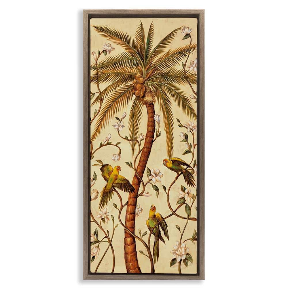 Parrots and Curvy Palm Tree by Rodolfo Jimenez Brown Floater Frame Nature Graphic Art Print 25 in. x 11 in. price history on PriceWatchPro