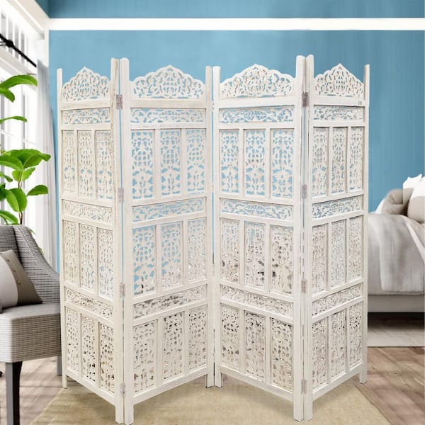 Aesthetically Carved Distressed White 4-Panel Wooden Partition Screen/Room Divider